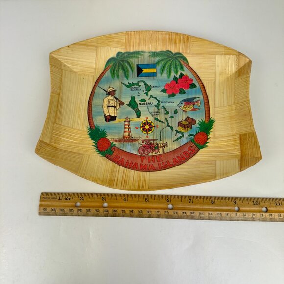 Vtg Bahama Islands Souvenir Bamboo Light Trinket Tray Bowl Tan Map Imagery - Picture 5 of 11